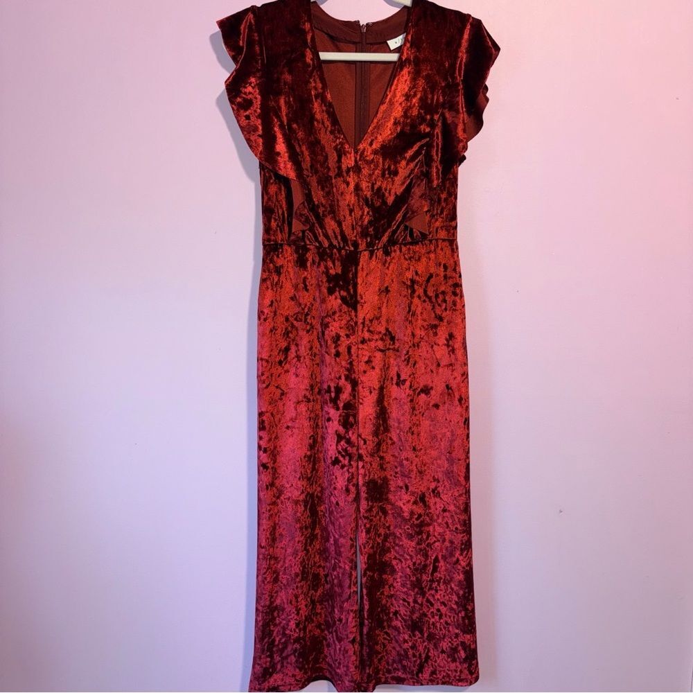 K/Lab Crushed Red Velvet Wide Leg Jumpsuit Women M Ruffle Romantic Whimsigoth